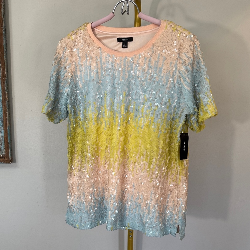 Alfani Pastel Sequin Ombre Short Sleeve Top - Pink, Blue, Yellow NWT M